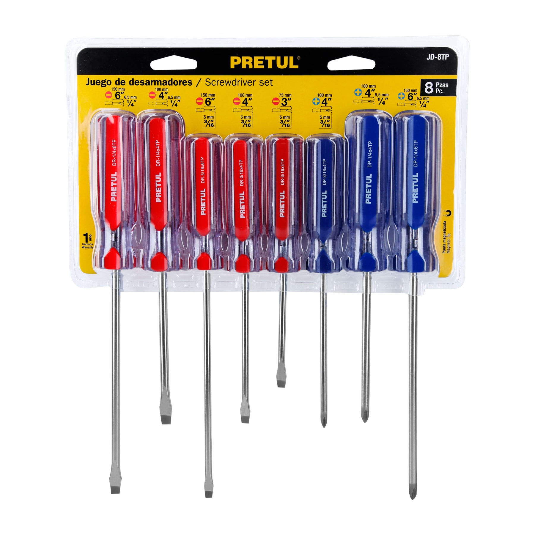 JUEGO DE 8 DESARMADORES MANGO DE PVC, PRETUL 20213
