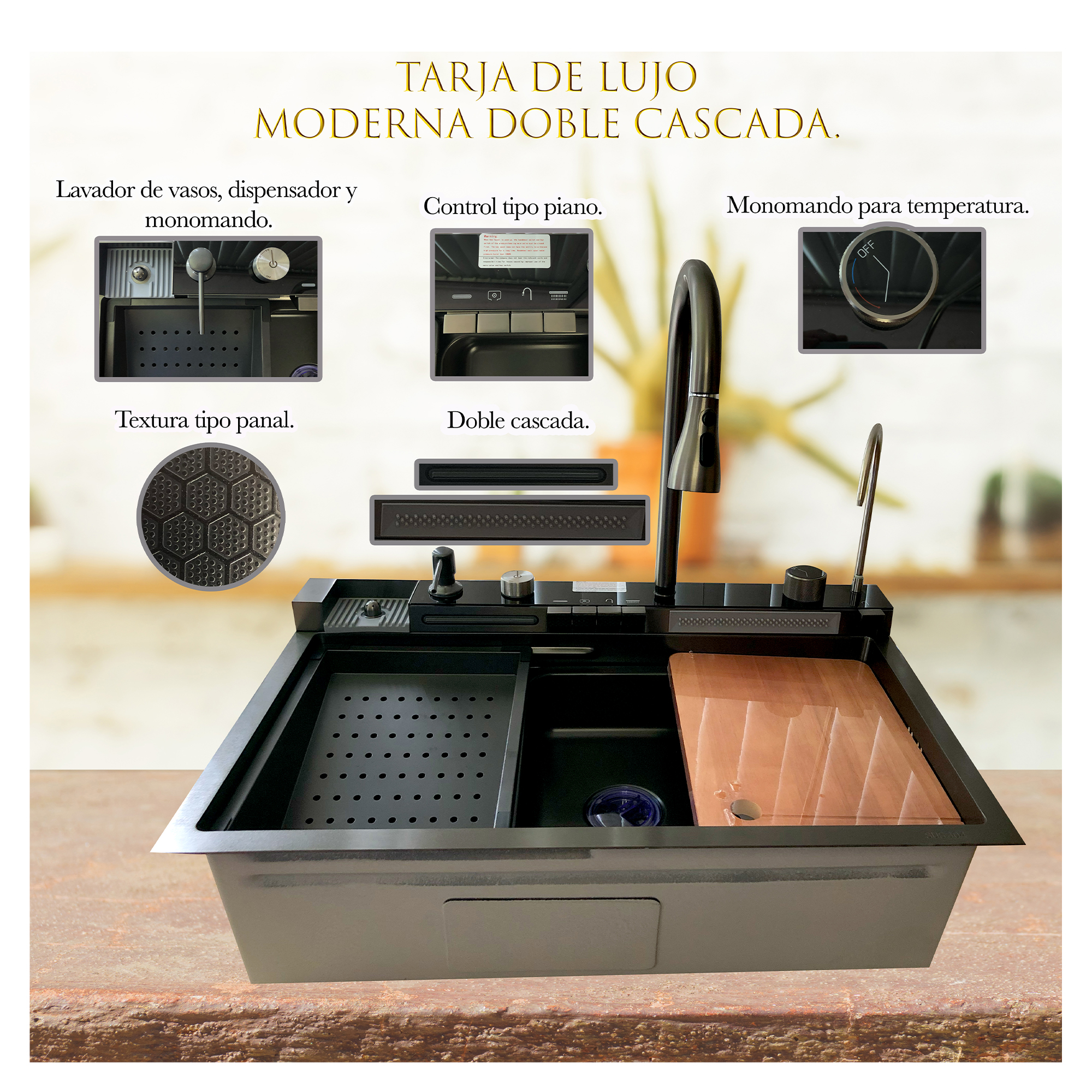 Tarja para Cocina doble cascada con led acero inoxidable