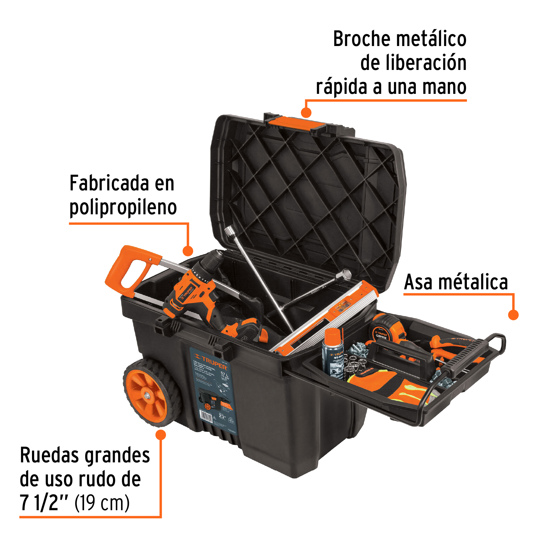CAJA PARA HERRAMIENTA DE 23" CON RUEDAS Y MANGO TELESCÓPICO TRUPER 10902