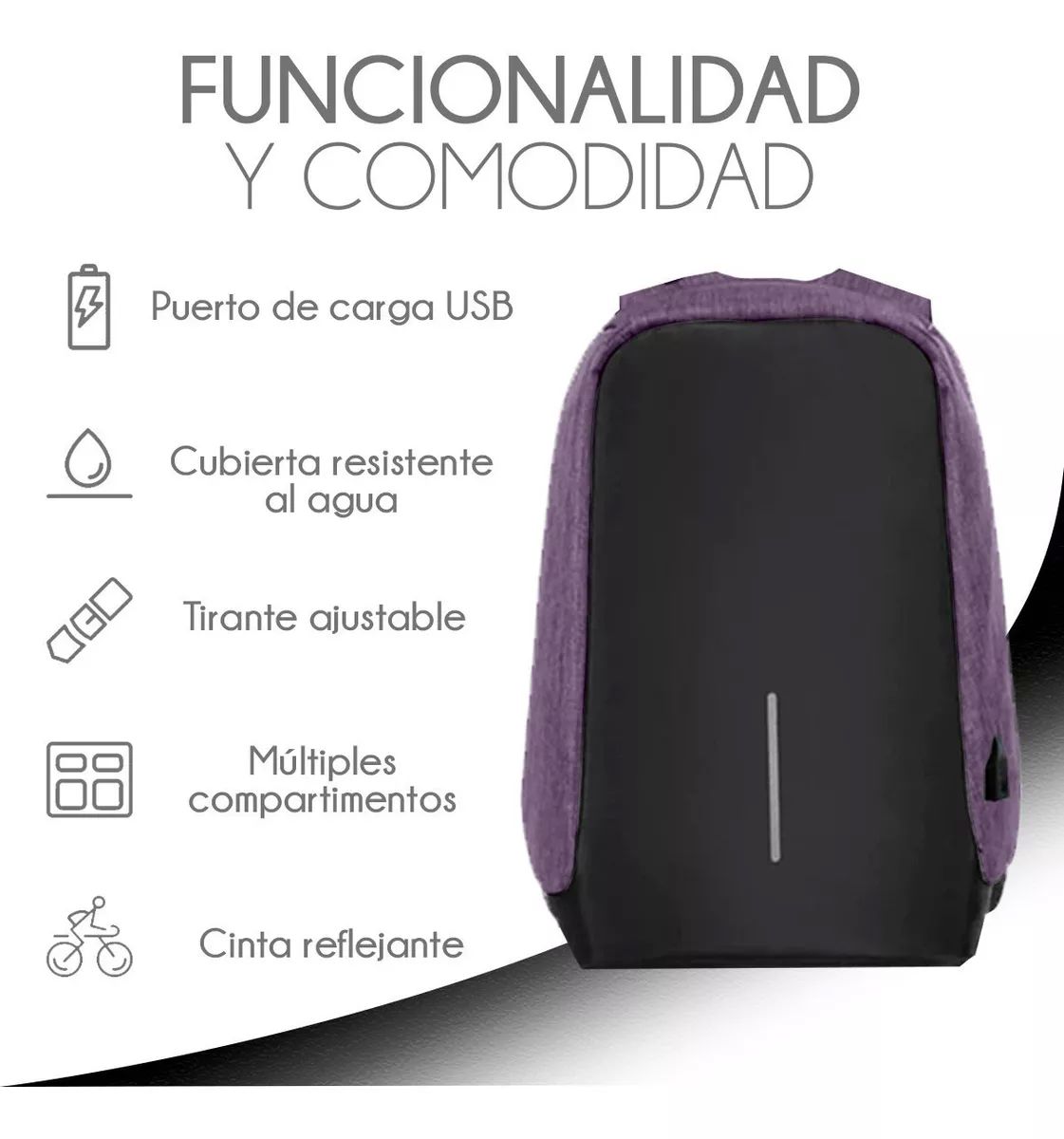 Mochila morada  para mujer Antirrobo Impermeable con Puerto Usb