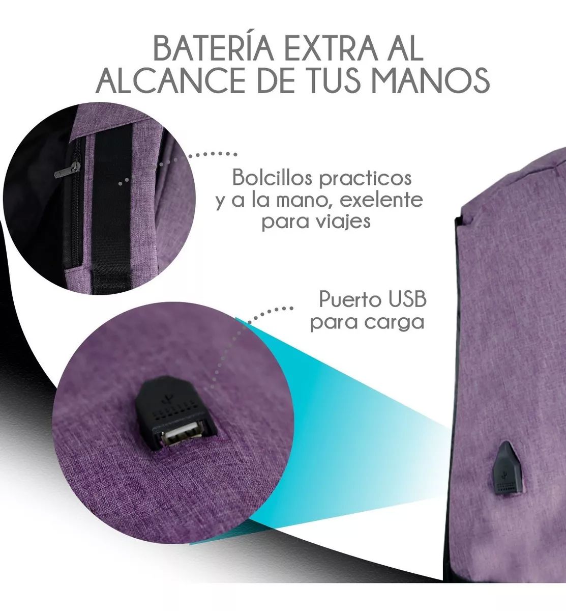 Mochila morada  para mujer Antirrobo Impermeable con Puerto Usb