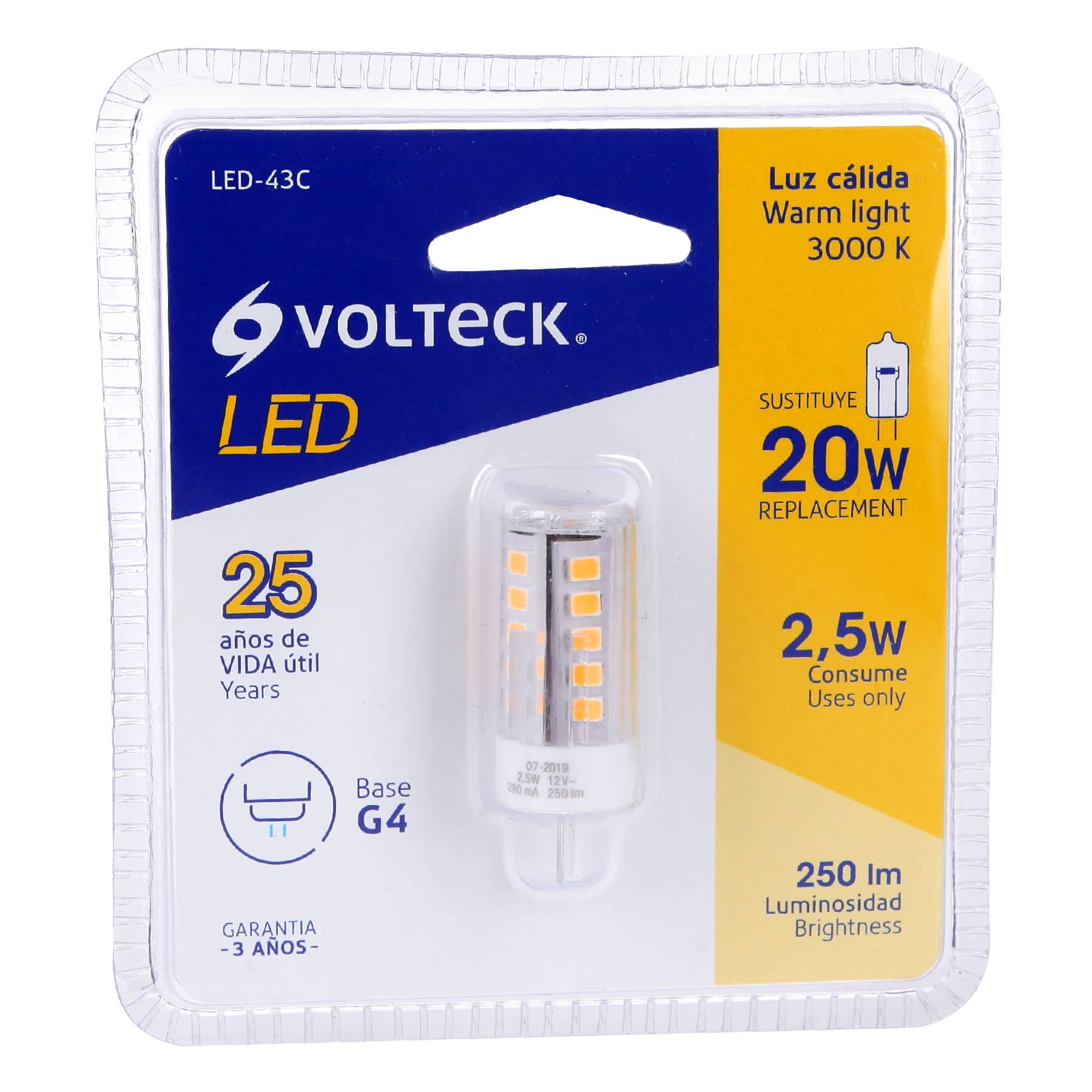 LÁMPARA DE LED TIPO CÁPSULA 3 W BASE G4 LUZ CÁLIDA, BLÍSTER VOLTECK 48103
