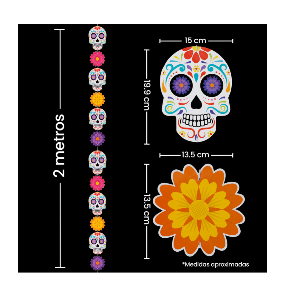 Guia Vertical Calaveras Dia Muertos Halloween 2m Mylin 1pz