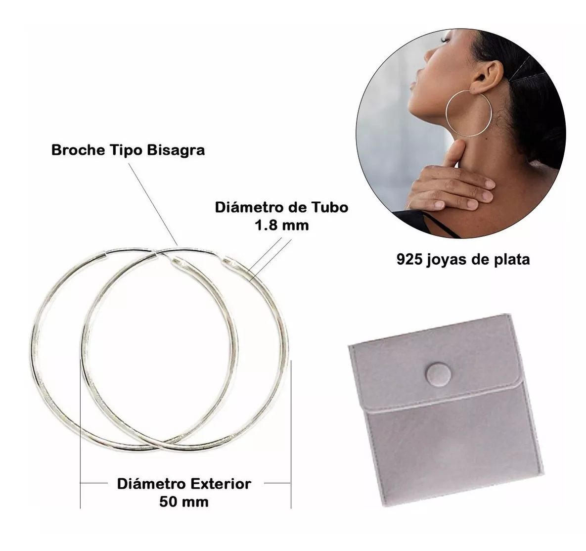 Aretes Arracada Redonda De Plata 925 +bolsa De Tela Plateado