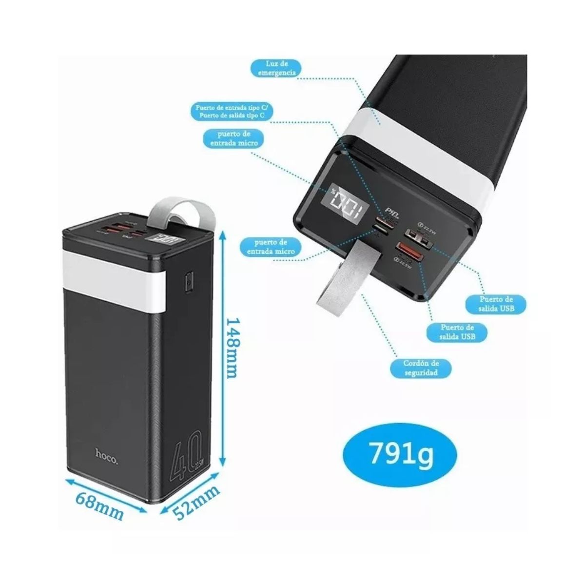 Negro Bank Portátil Carga Rápida 40000 mah Hoco.