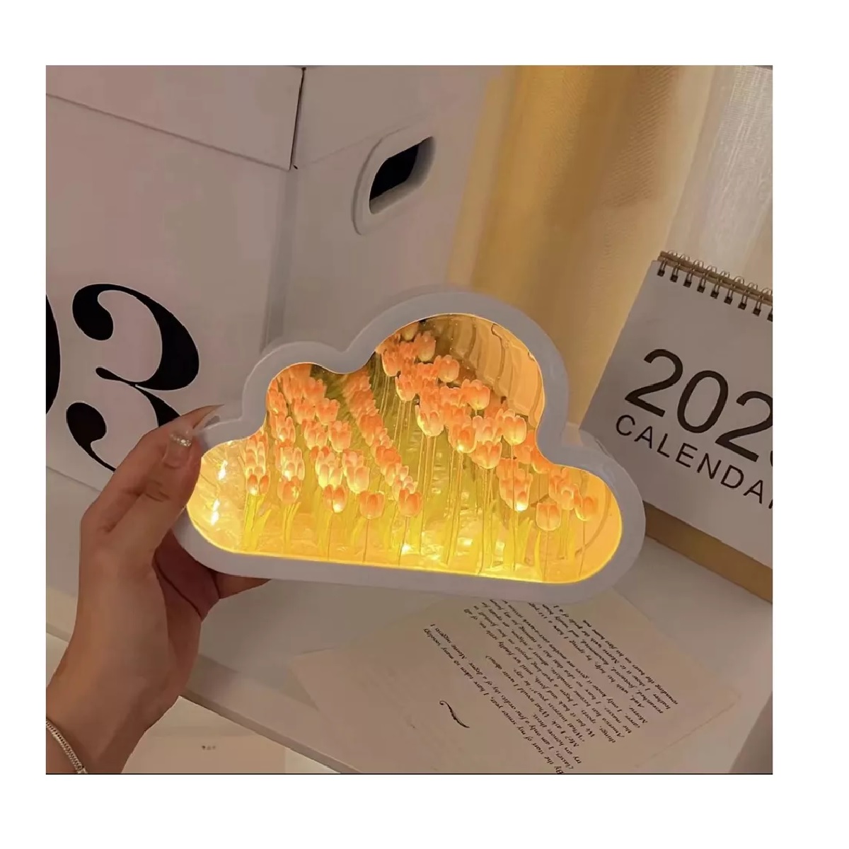 Luz Lámpara Noche Flor Tulipanes Nube Con Espejo Romántica Rosa