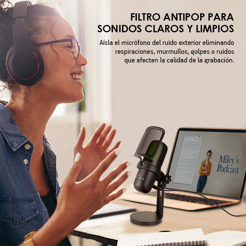 Micrófono Condensador Profesional USB con Filtro Antipop, LED y Base