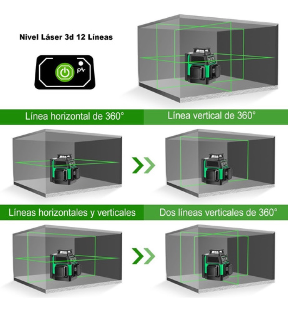 Nivel Láser 3d 12 Líneas Luz Verde De Multifuncional 