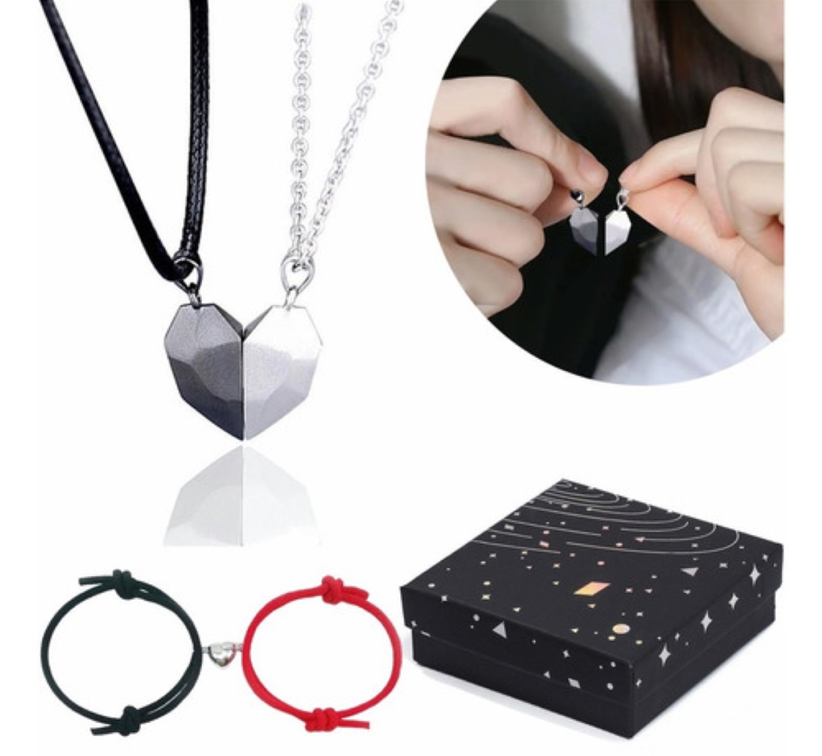 Corazón Magnético Amor, 2 Pulseras Pareja De Imán+2 Collar 45 cm  Negro/Rojo