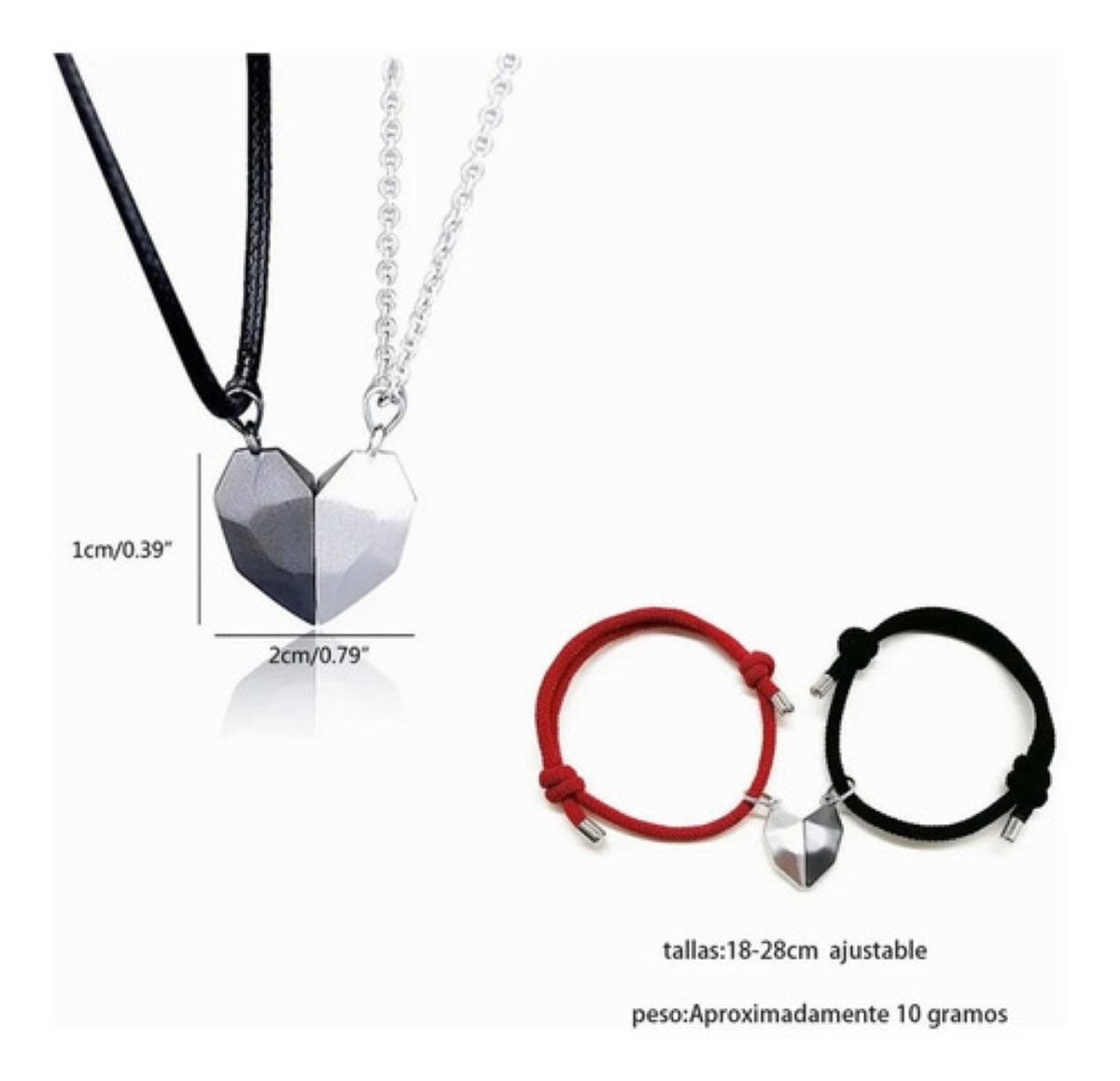 Corazón Magnético Amor, 2 Pulseras Pareja De Imán+2 Collar 45 cm  Negro/Rojo