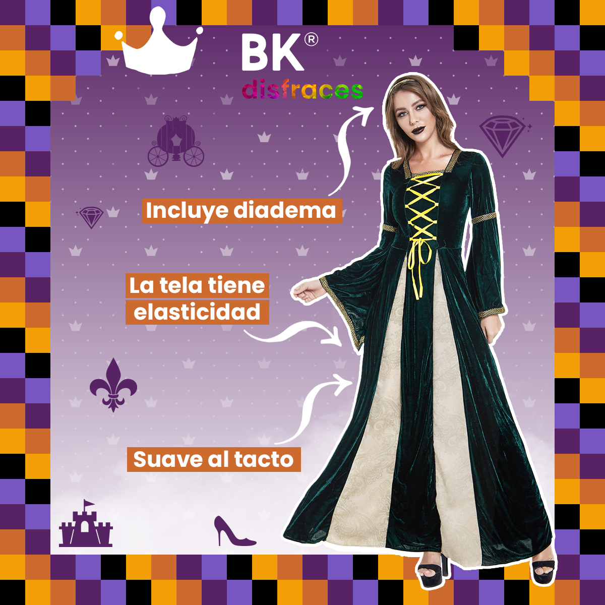 Disfraz de Halloween Princesa Reina Queen Premium de tela Adulto 12+ / 2 tallas disponibles