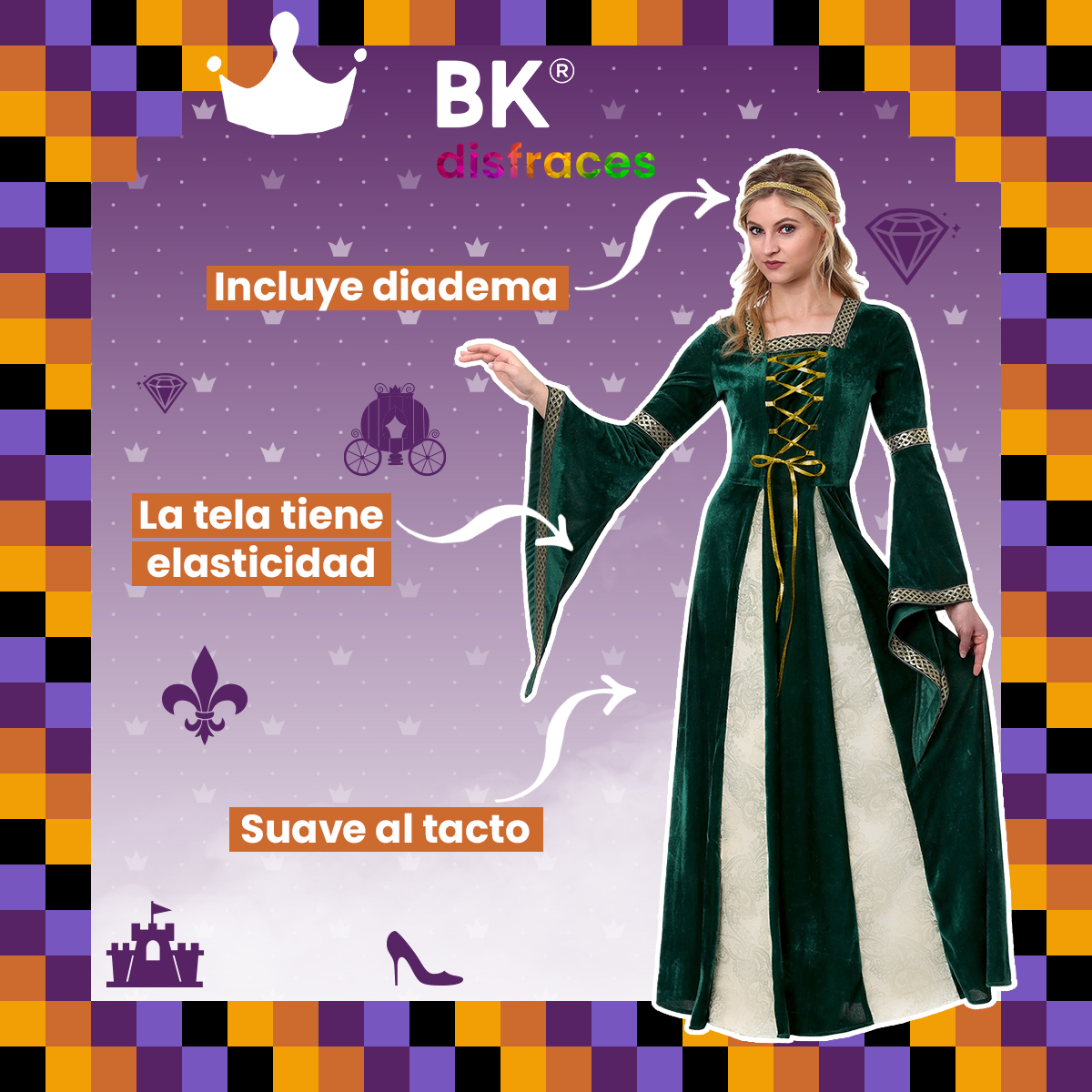 Disfraz de Halloween Princesa Reina Queen Premium de tela Adulto 12+ / 2 tallas disponibles