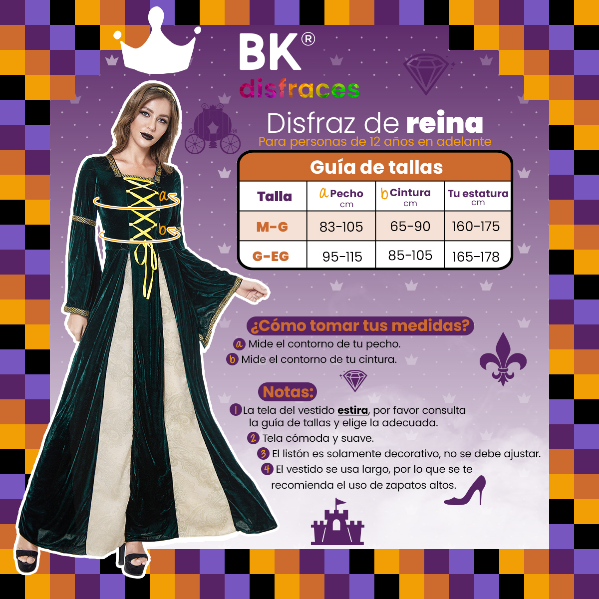 Disfraz de Halloween Princesa Reina Queen Premium de tela Adulto 12+ / 2 tallas disponibles