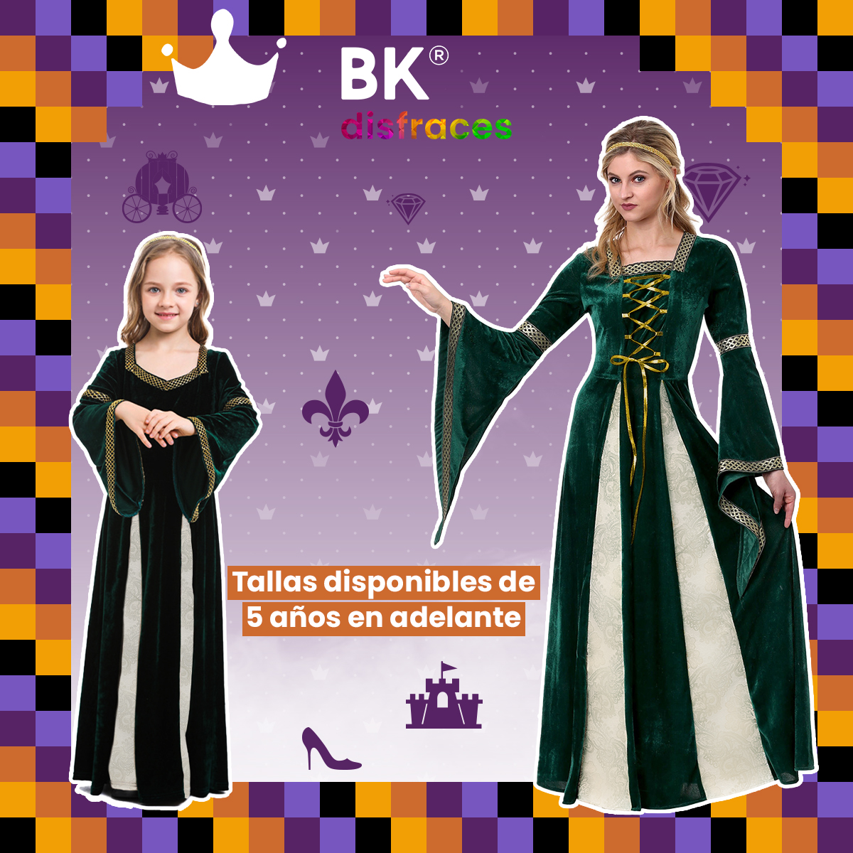 Disfraz de Halloween Princesa Reina Queen Premium de tela Adulto 12+ / 2 tallas disponibles