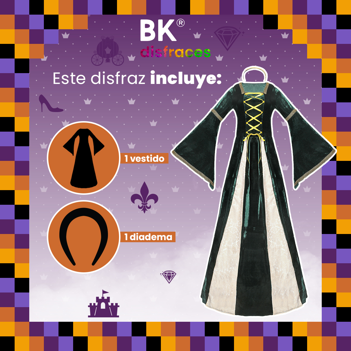 Disfraz de Halloween Princesa Reina Queen Premium de tela Adulto 12+ / 2 tallas disponibles