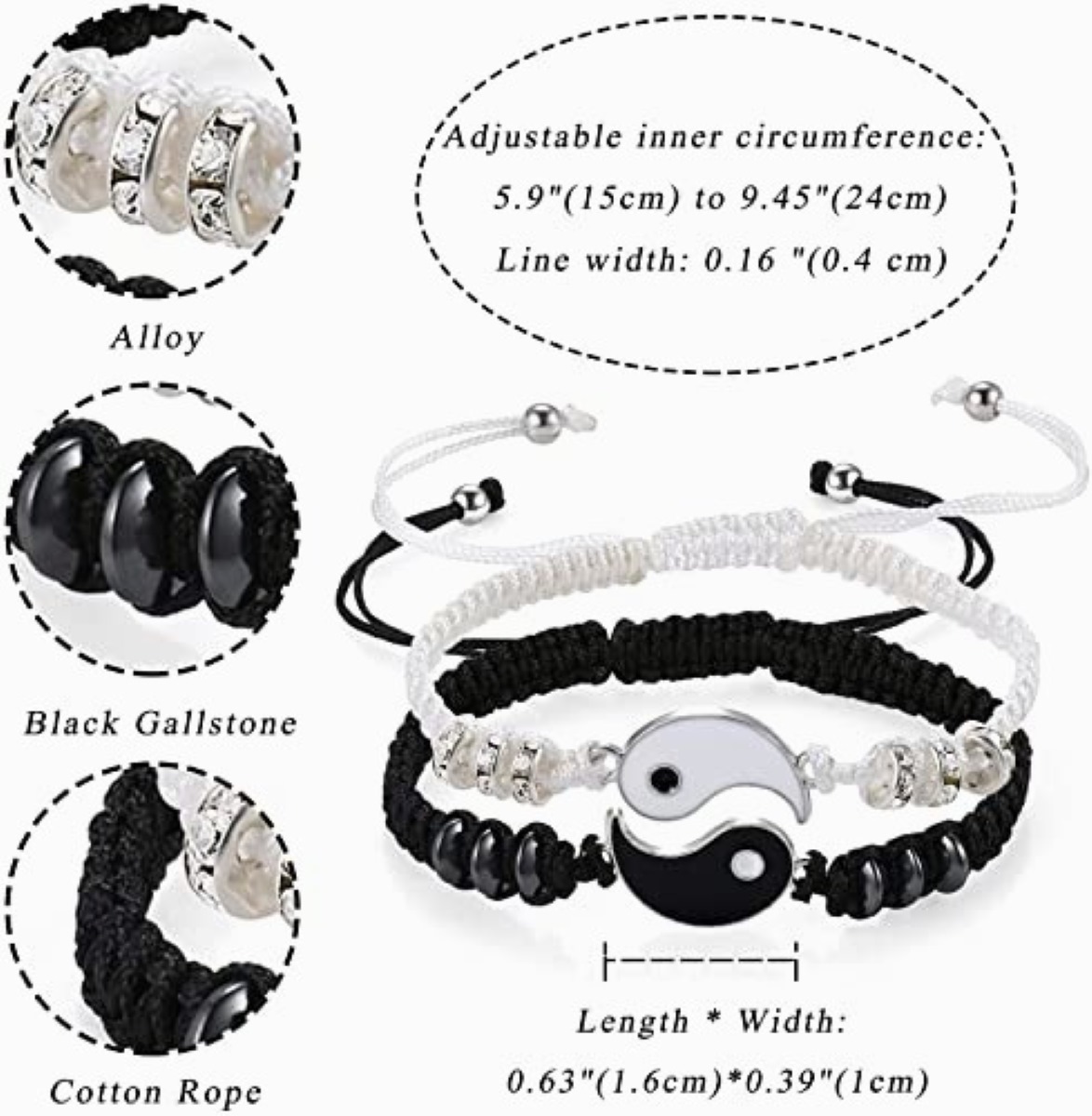 Collares 2 Pzs. + 2 Pulseras De Ying Yang Novios Y Amigos Negro/Plata