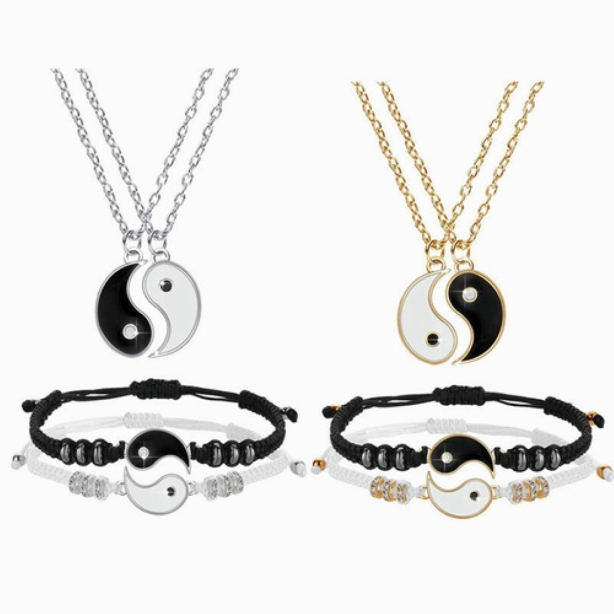 Collares 2 Pzs. + 2 Pulseras De Ying Yang Novios Y Amigos Negro/Plata