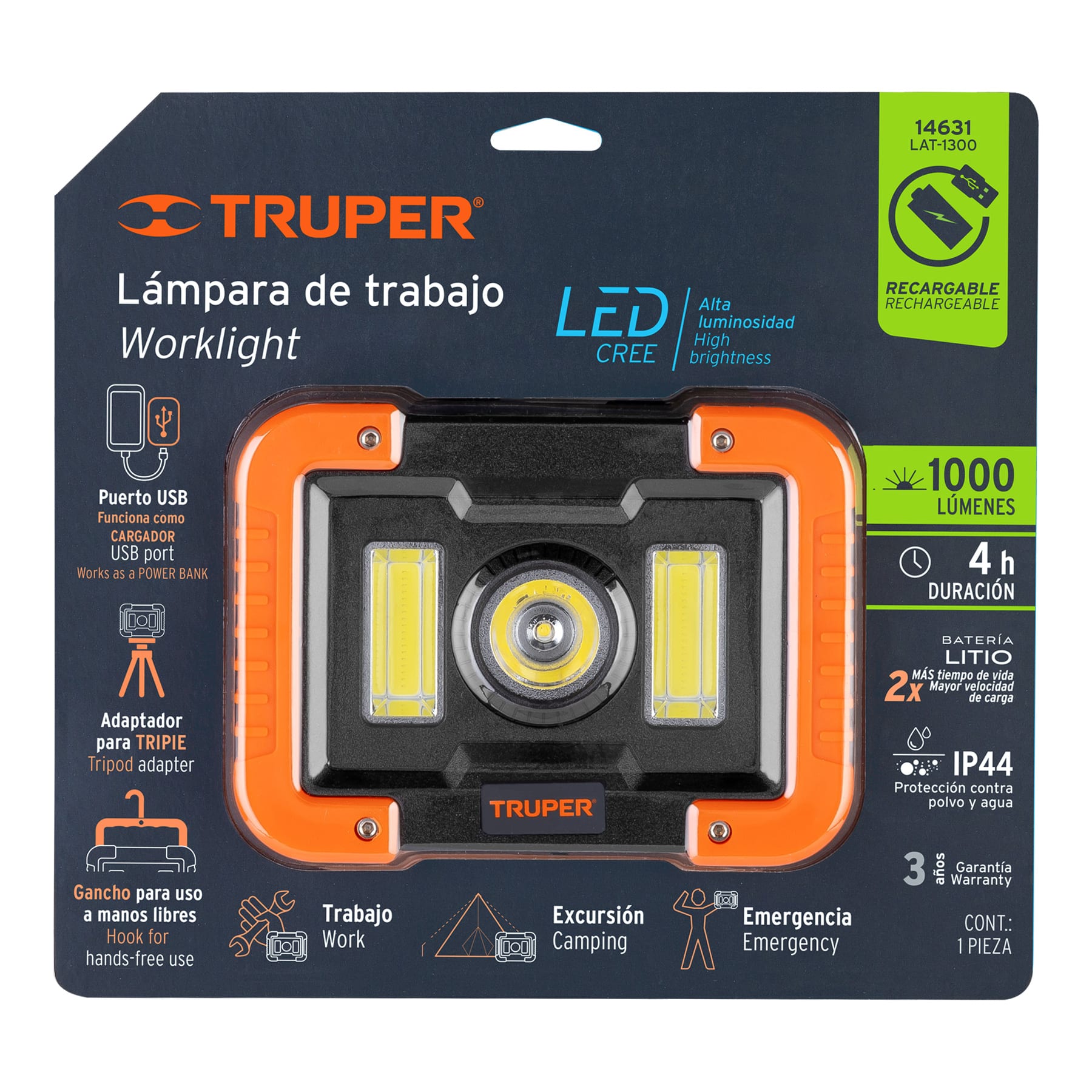 LÁMPARA LED 1600 LM DE TRABAJO, RECARGABLE, TRUPER 14631