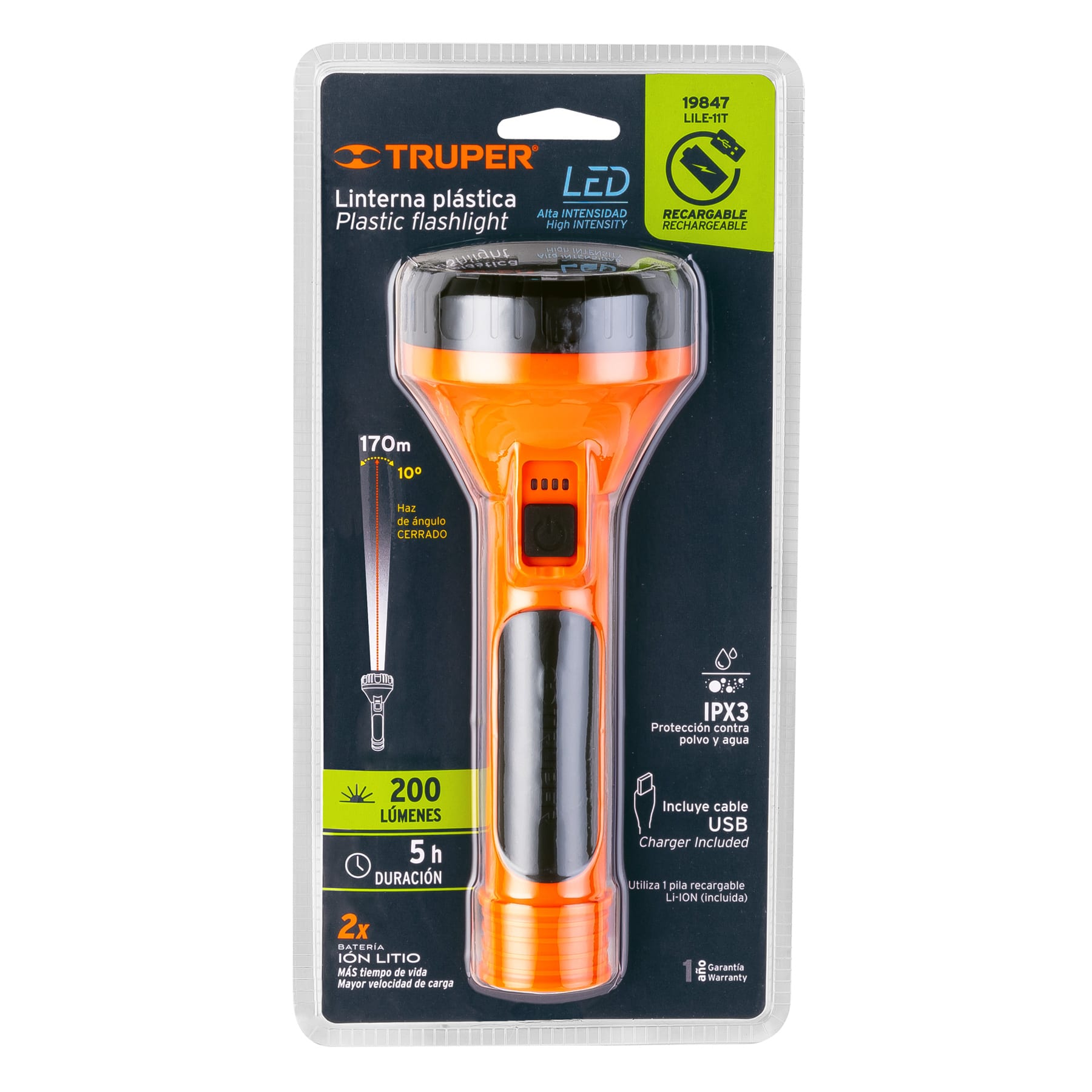 LINTERNA PLÁSTICA 1 LED 200 LM RECARGABLE, TRUPER 19847