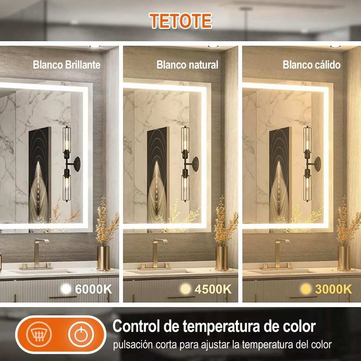 Espejo Led Baño 50x70cm Touch 3 Modo Con Función Antivaho
