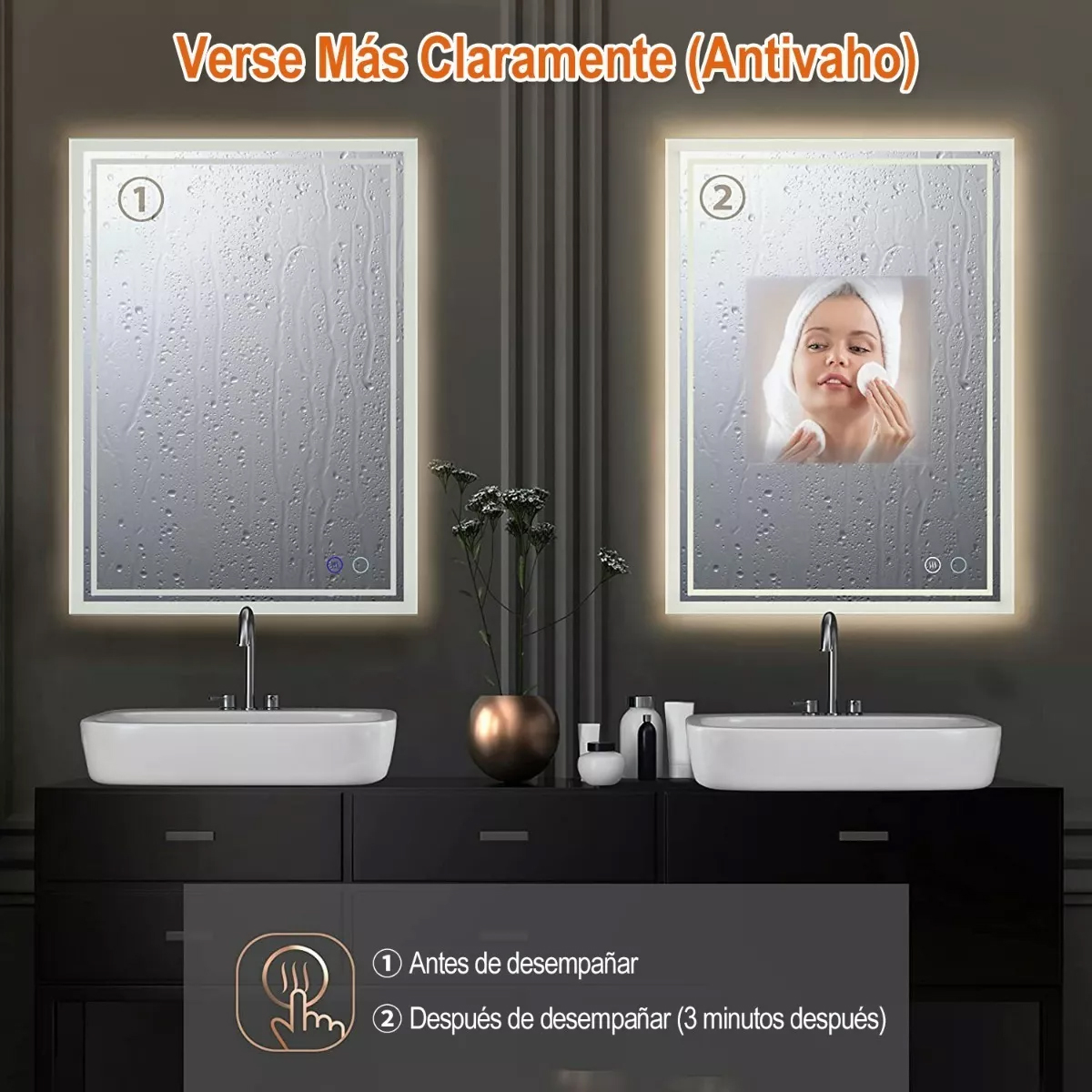 Espejo Led Baño 50x70cm Touch 3 Modo Con Función Antivaho