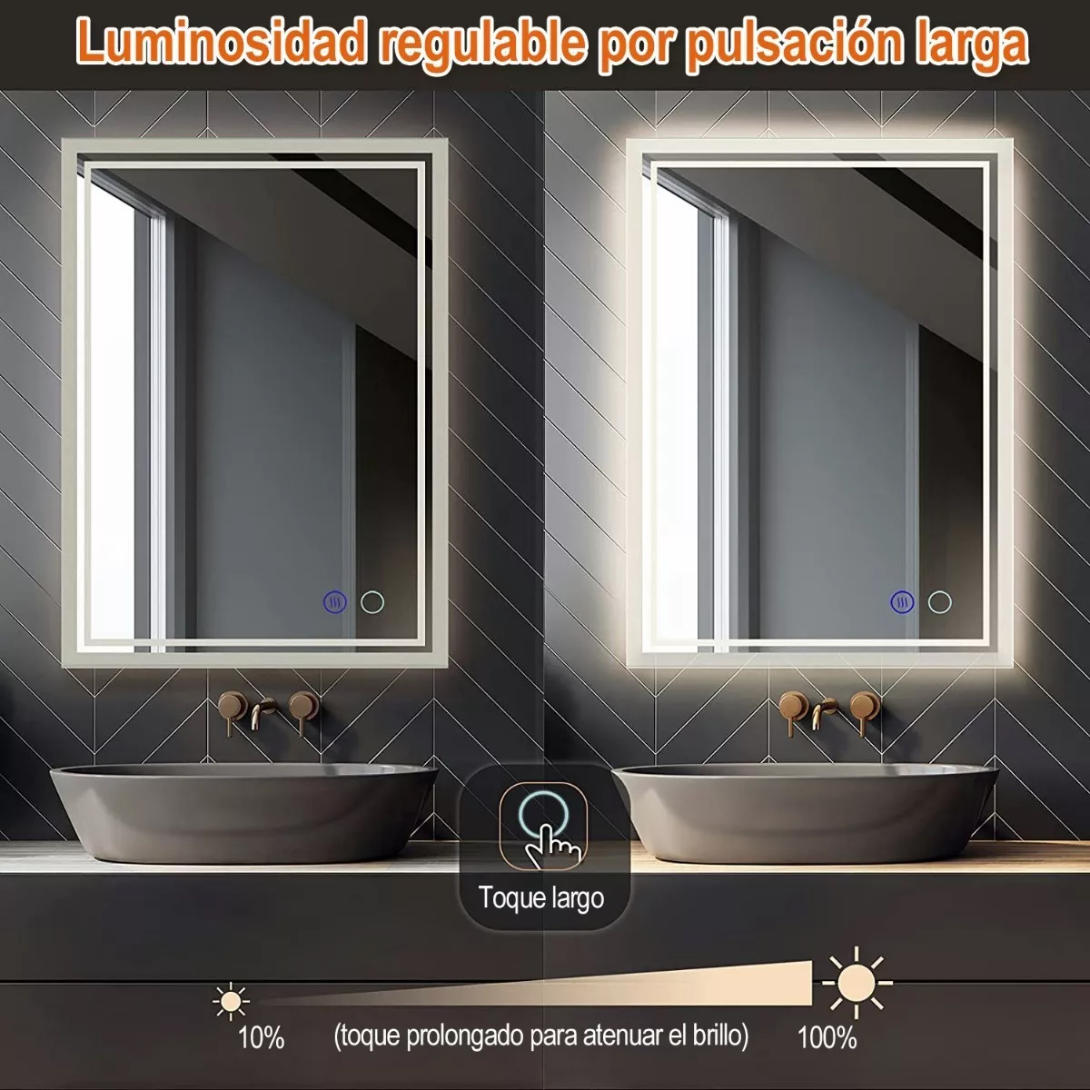 Espejo Led Baño 50x70cm Touch 3 Modo Con Función Antivaho