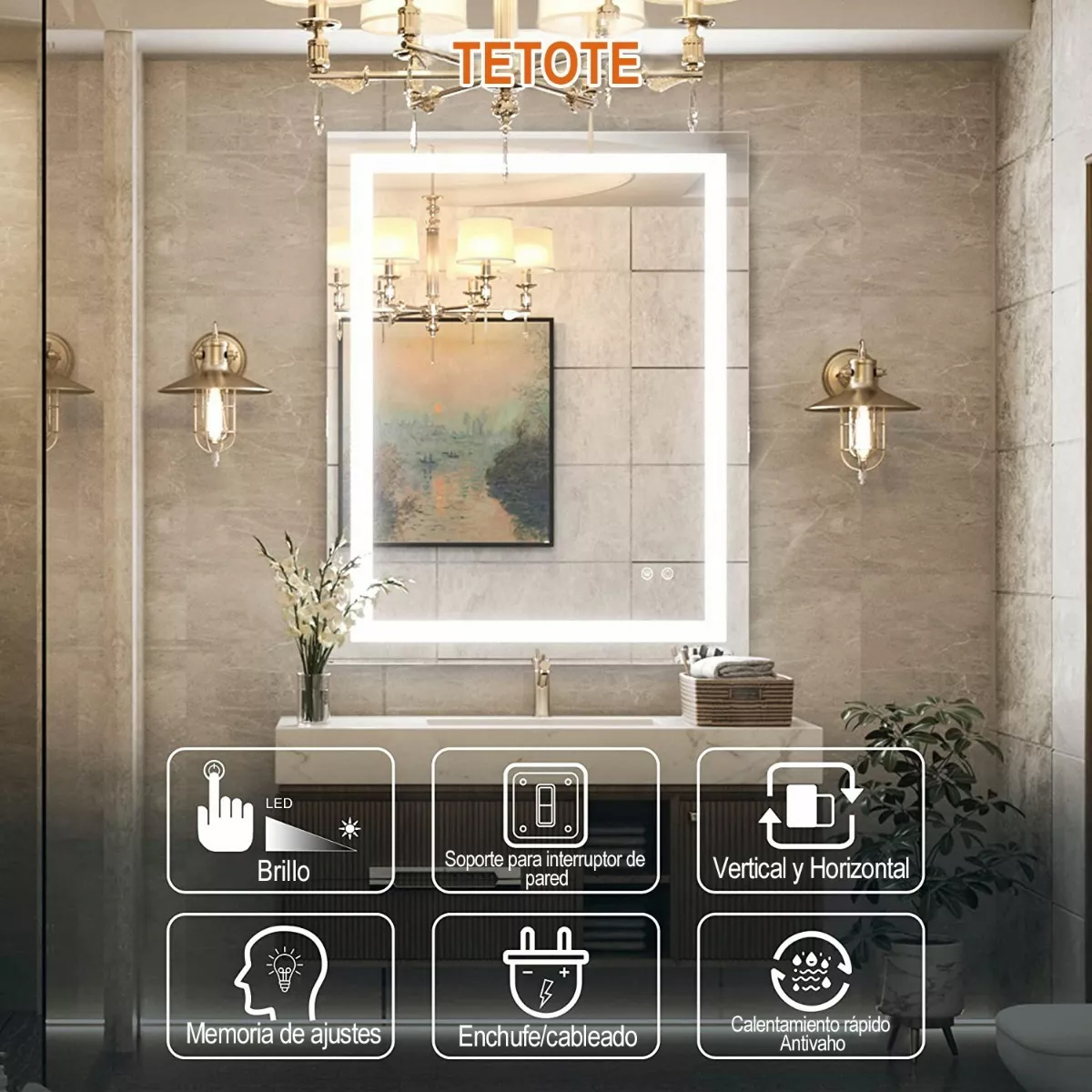 Espejo Led Baño 50x70cm Touch 3 Modo Con Función Antivaho