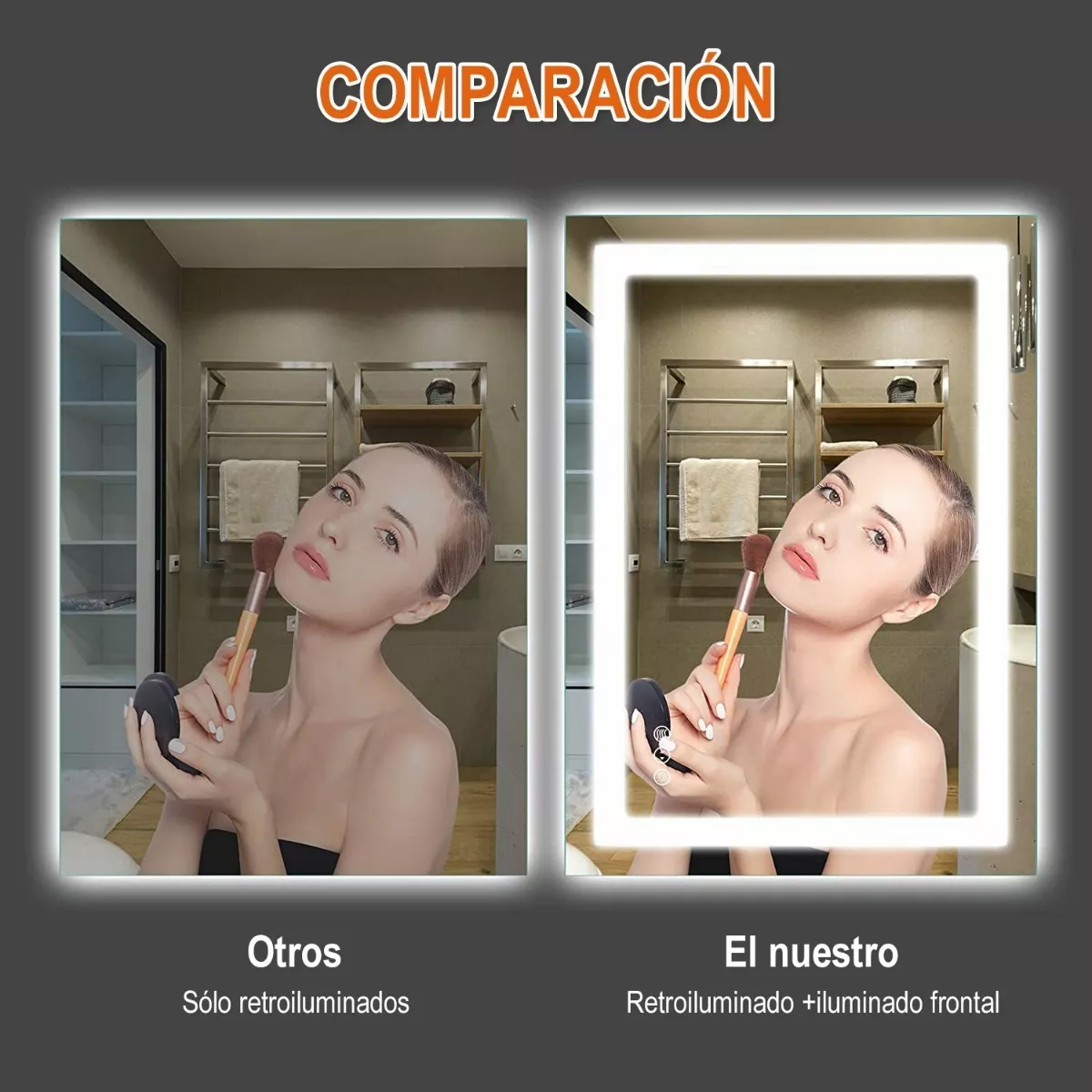 Espejo LED para baño de 24x 30 con luz frontal y retroiluminación  regulable.