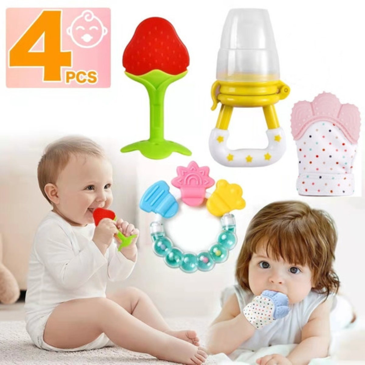 Guantes Molares Y Juguete Mordederas Goma Rosa