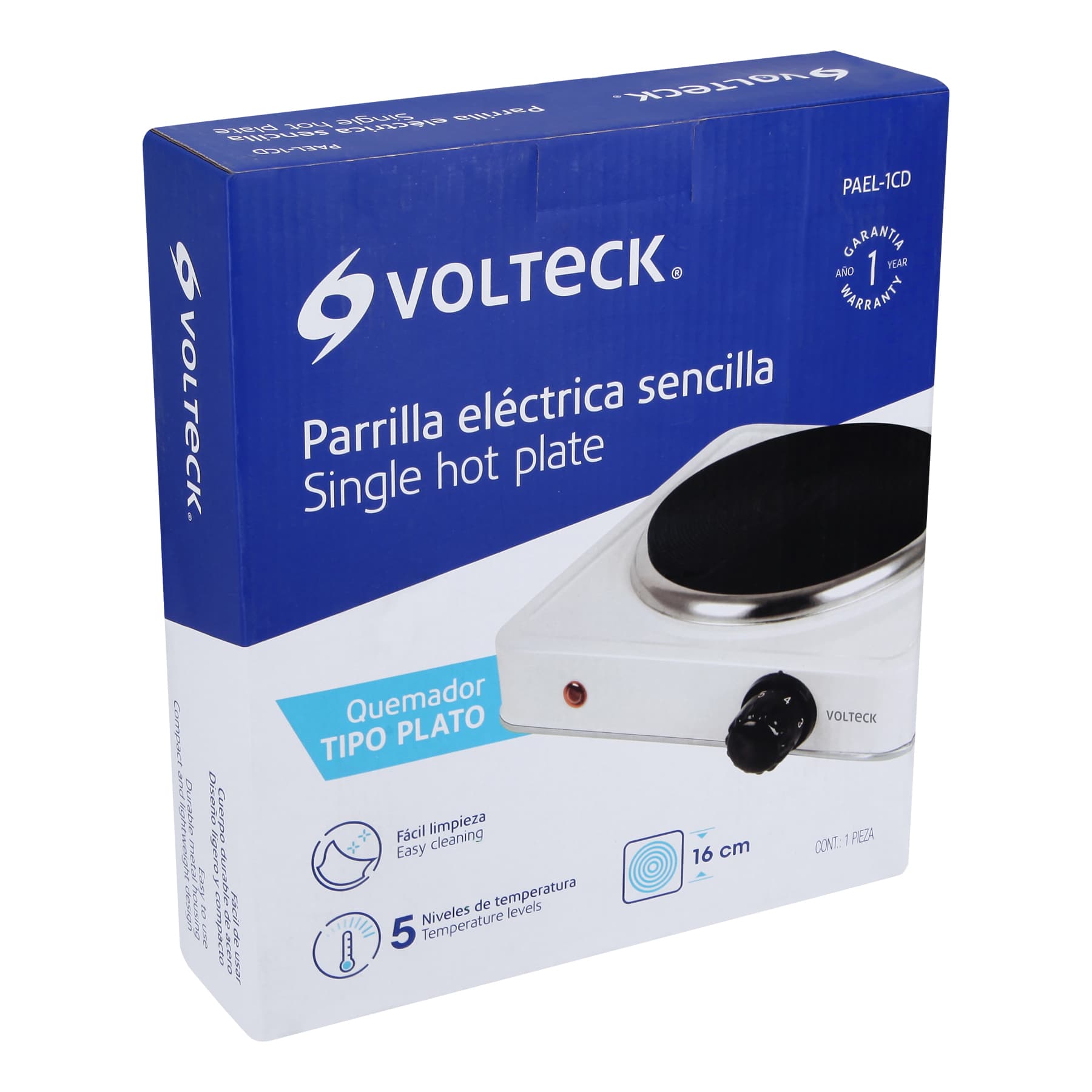 PARRILLA ELÉCTRICA QUEMADOR TIPO DISCO, BLANCA, VOLTECK 49989