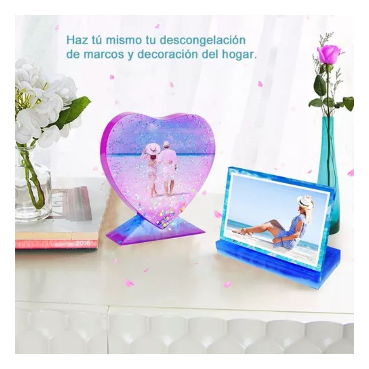 2 Pcs Marco Fotos Resina Corazón Rectangular Moldes Silicona