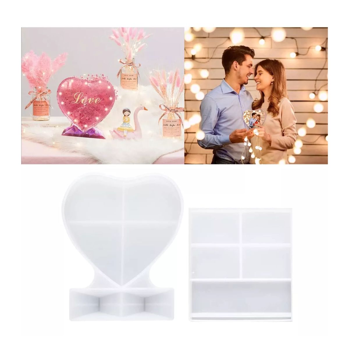 2 Pcs Marco Fotos Resina Corazón Rectangular Moldes Silicona