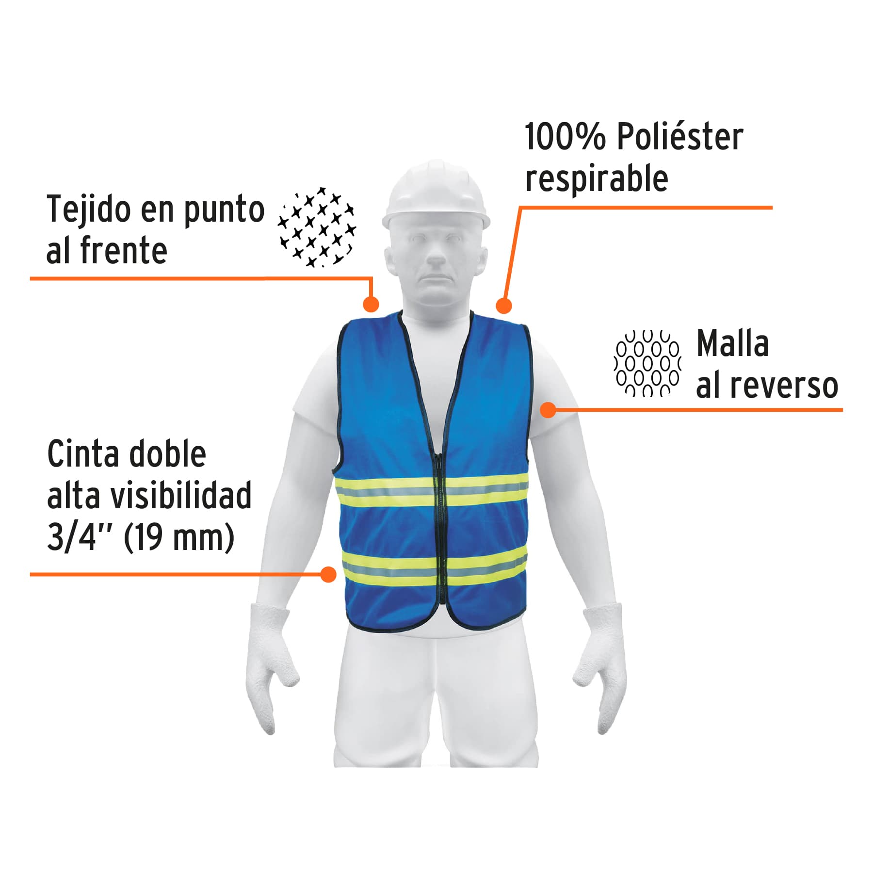 CHALECO DE SEGURIDAD AZUL ALTA VISIBILIDAD CON CIERRE TRUPER 15416