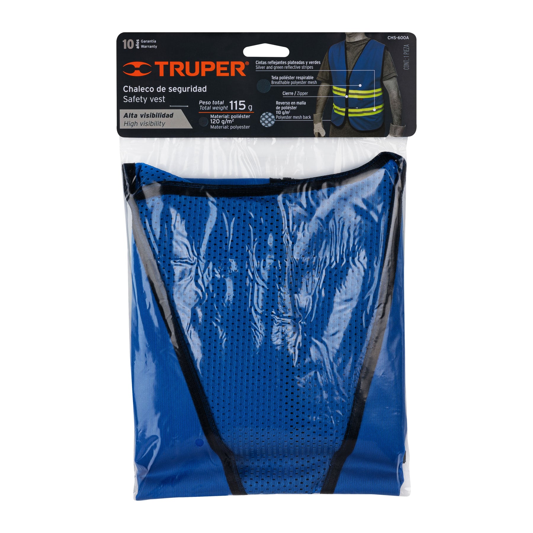 CHALECO DE SEGURIDAD AZUL ALTA VISIBILIDAD CON CIERRE TRUPER 15416