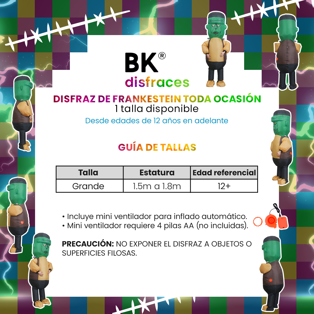  Disfraz inflable Frankestein Franky Monstruo Halloween toda ocasión.