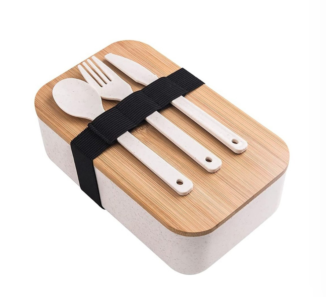 Contenedor Lunch Box Lonchera Comida Topper + Cubiertos beige