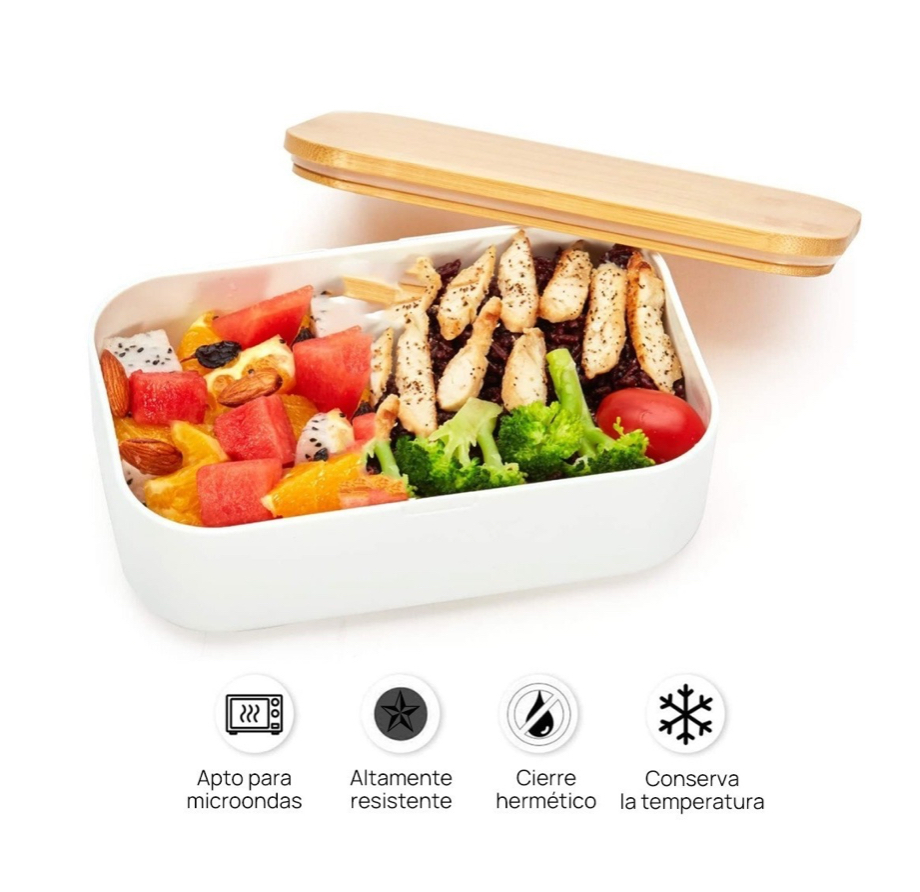 Contenedor Lunch Box Lonchera Comida Topper + Cubiertos beige