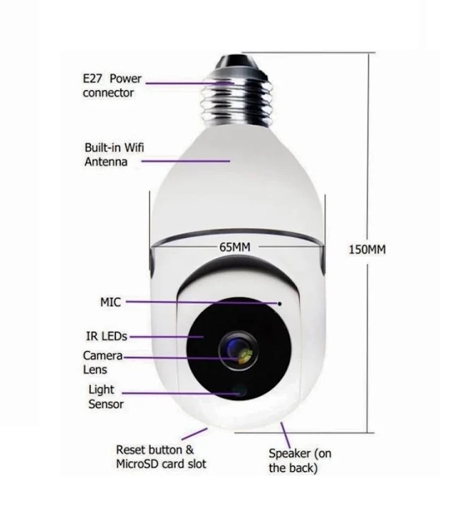 Camara Foco 360 Grados Wifi Ip Seguridad Espía Oculta Hd .