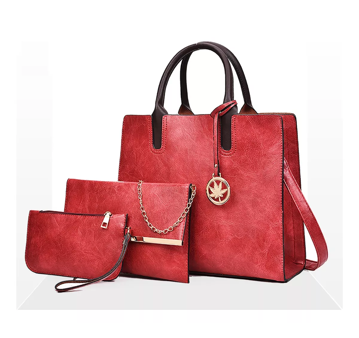 Set 3 Bolsas Para Mujer Cuero Pu Impermeable Rojo