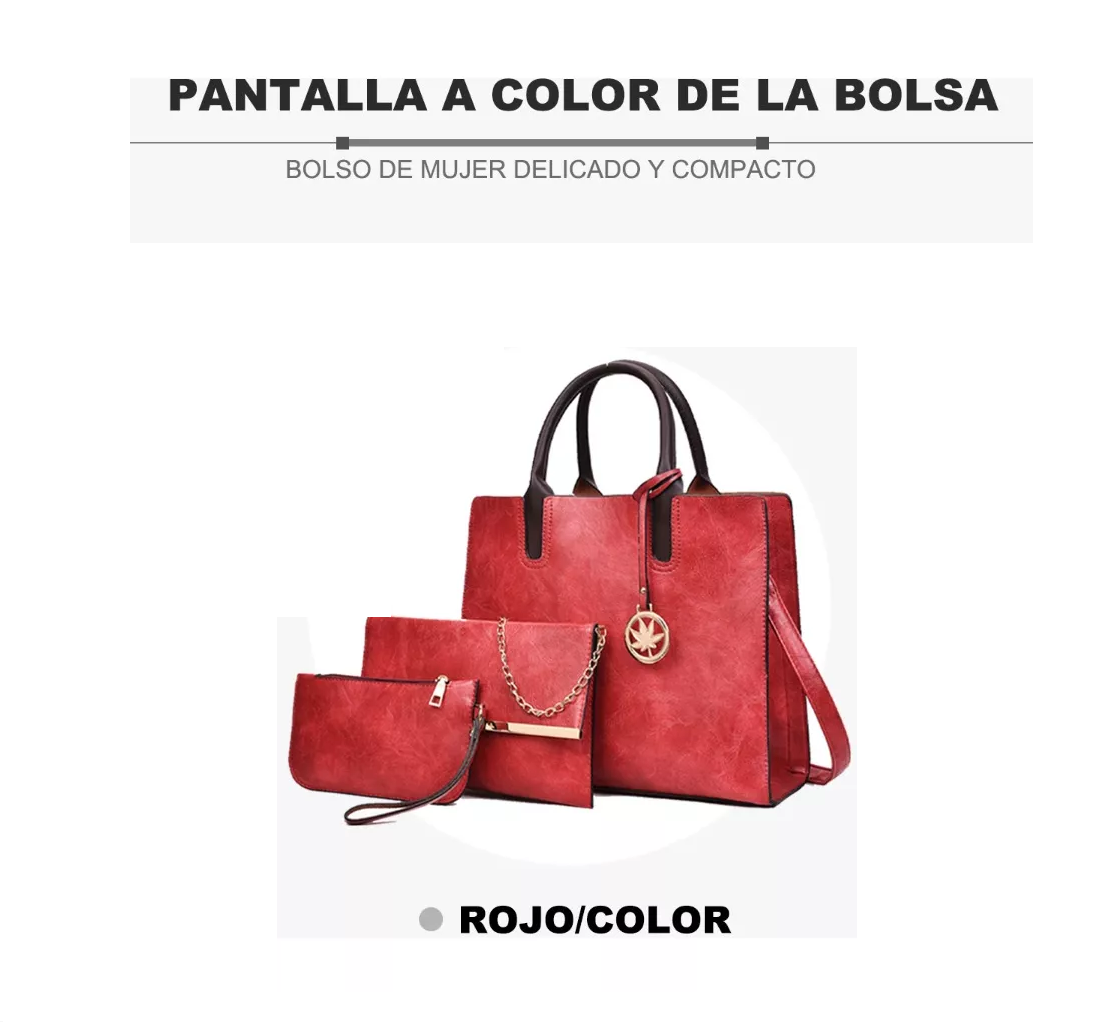 Set 3 Bolsas Para Mujer Cuero Impermeable Rojo