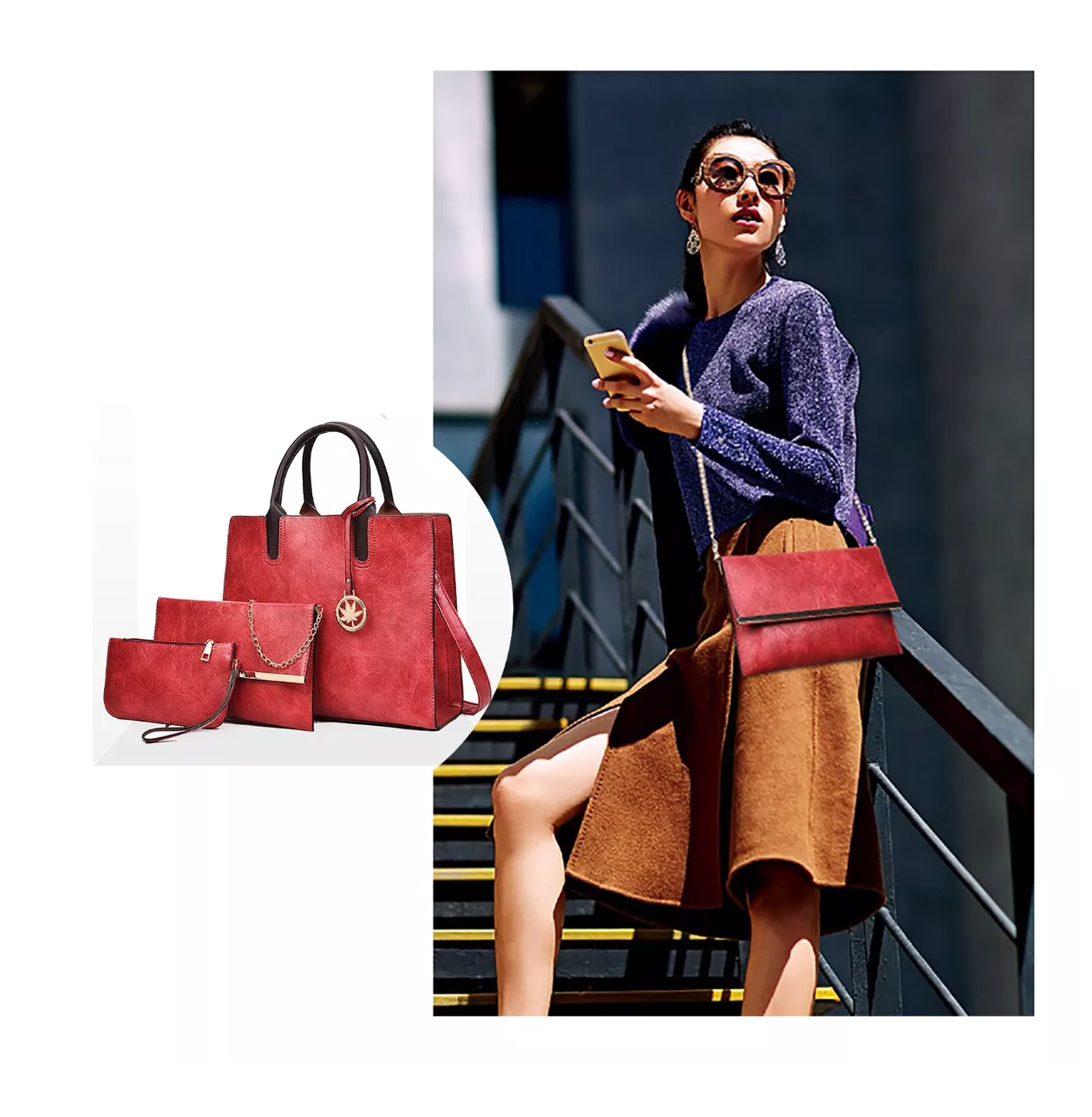 Set 3 Bolsas Para Mujer Cuero Impermeable Rojo