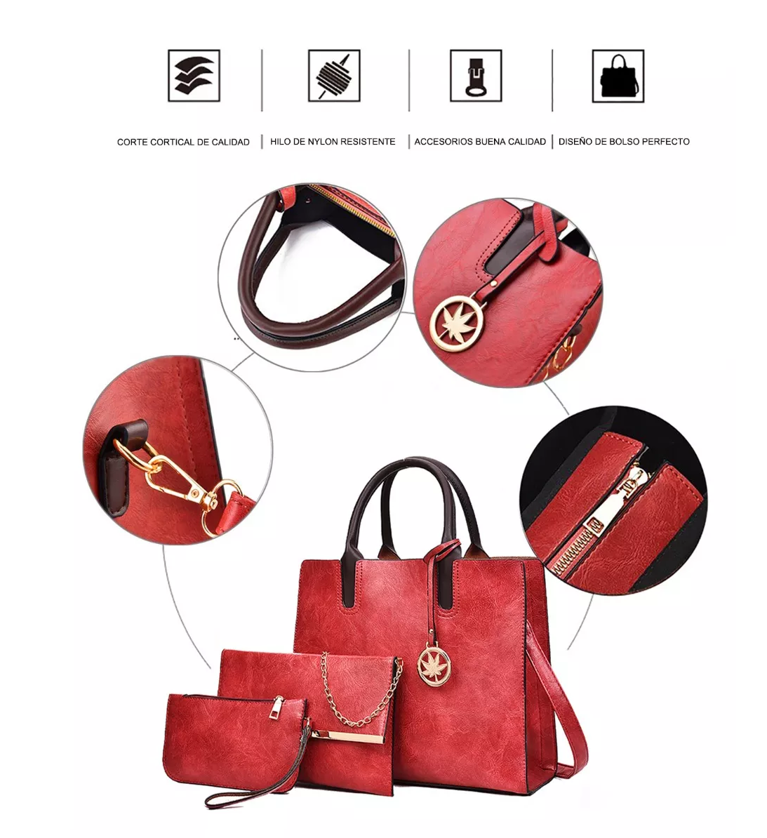 Set 3 Bolsas Para Mujer Cuero Impermeable Rojo