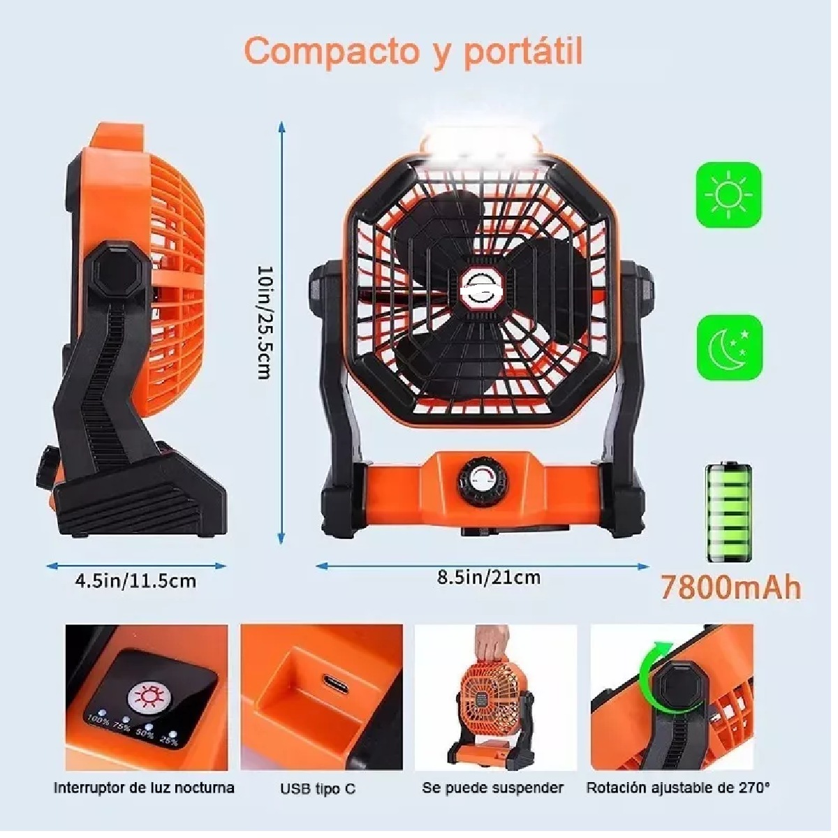 Ventilador Portátil Camping Acampar Recargable Usb Luz Led