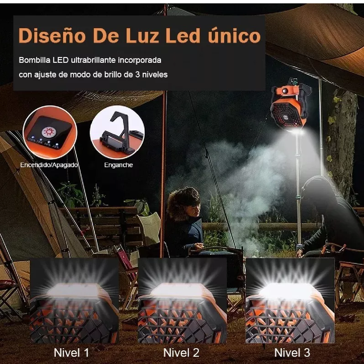 Ventilador Portátil Camping Acampar Recargable Usb Luz Led