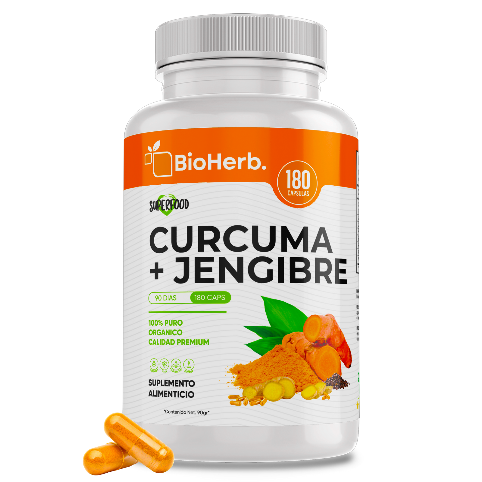 Cúrcuma + Jengibre 180 Cápsulas (Para 90 Días) - Adicionado con Curcuma [Potente Formulacion] + Jengibre + Pimienta Negra