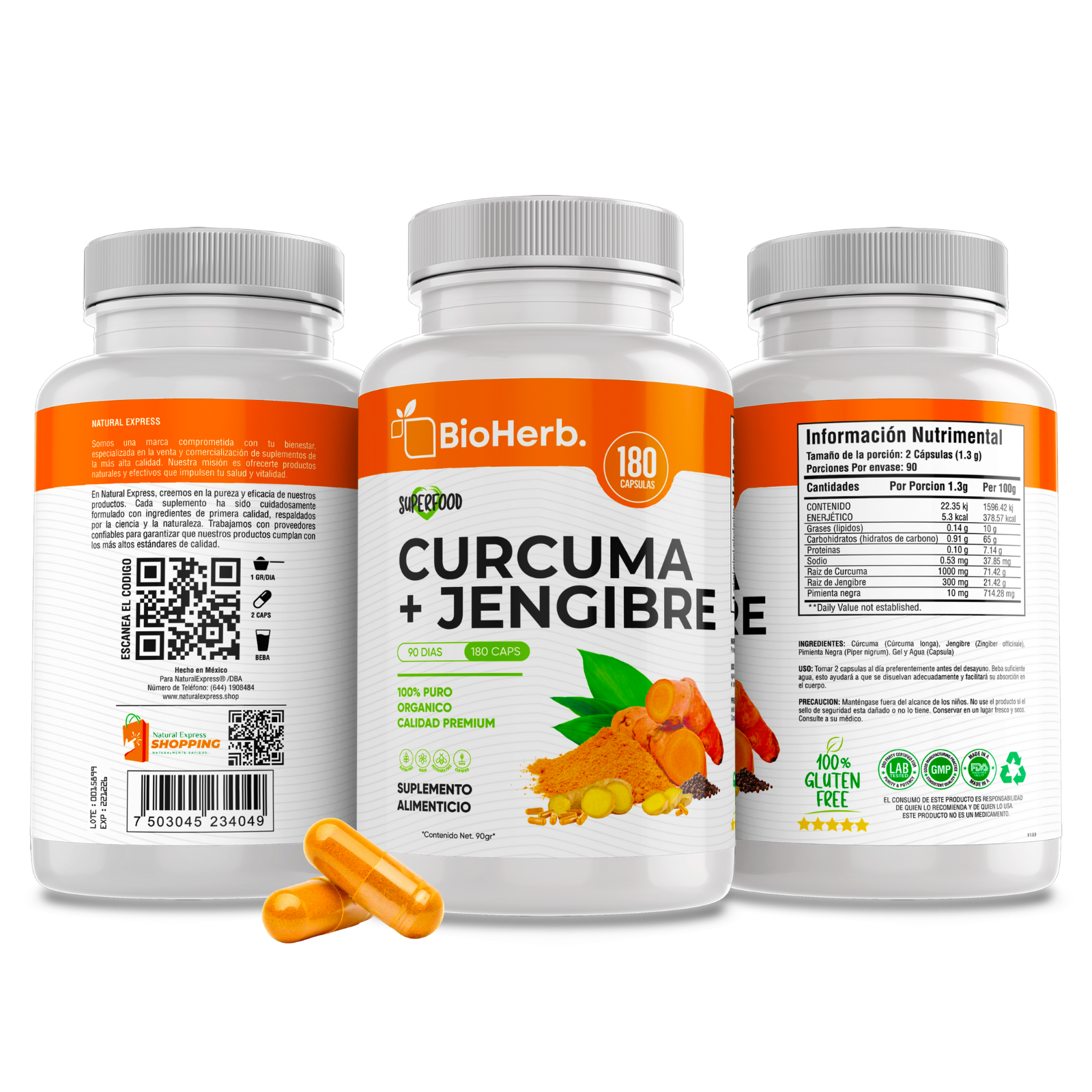 Cúrcuma + Jengibre 180 Cápsulas (Para 90 Días) - Adicionado con Curcuma [Potente Formulacion] + Jengibre + Pimienta Negra