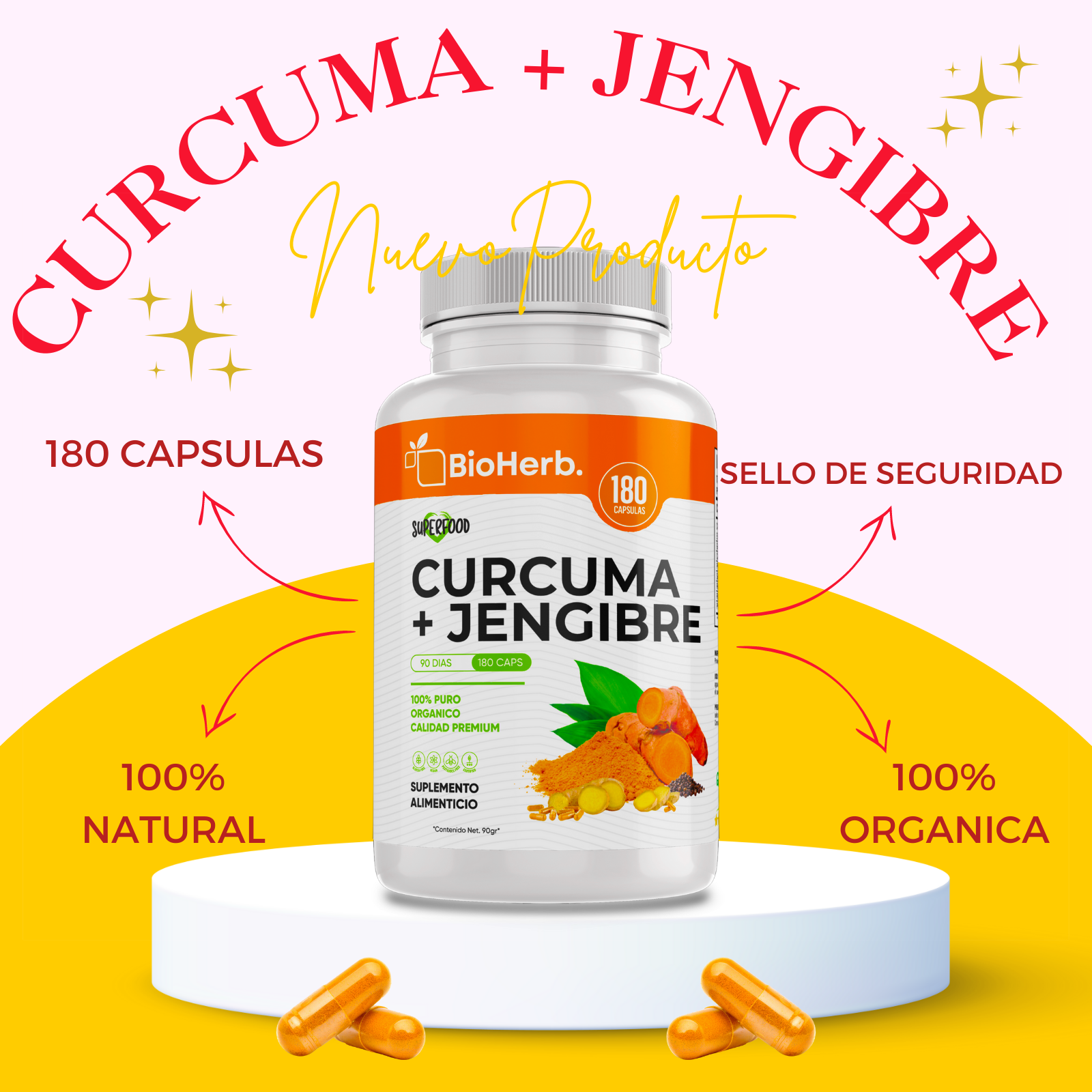 Cúrcuma + Jengibre 180 Cápsulas (Para 90 Días) - Adicionado con Curcuma [Potente Formulacion] + Jengibre + Pimienta Negra