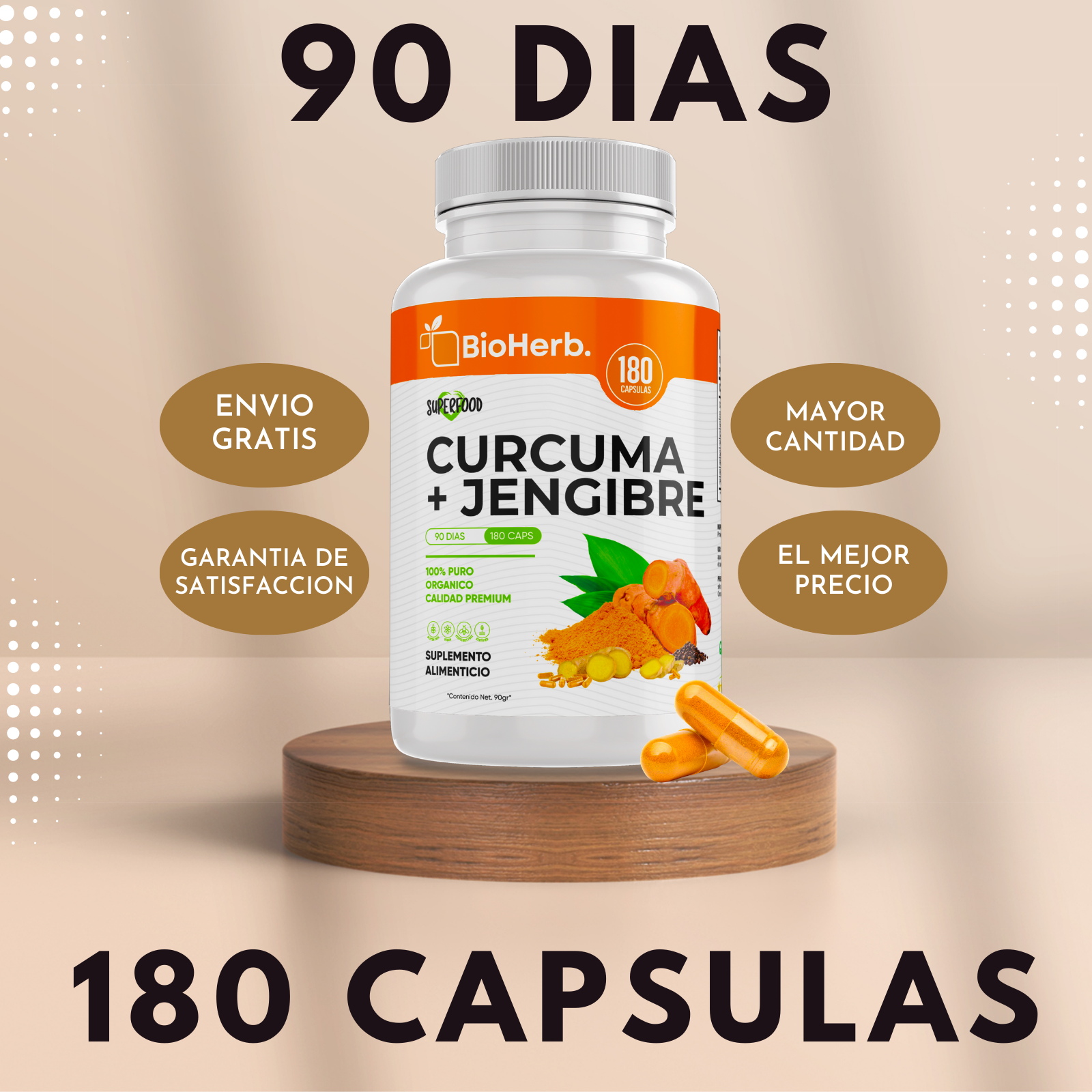 Cúrcuma + Jengibre 180 Cápsulas (Para 90 Días) - Adicionado con Curcuma [Potente Formulacion] + Jengibre + Pimienta Negra
