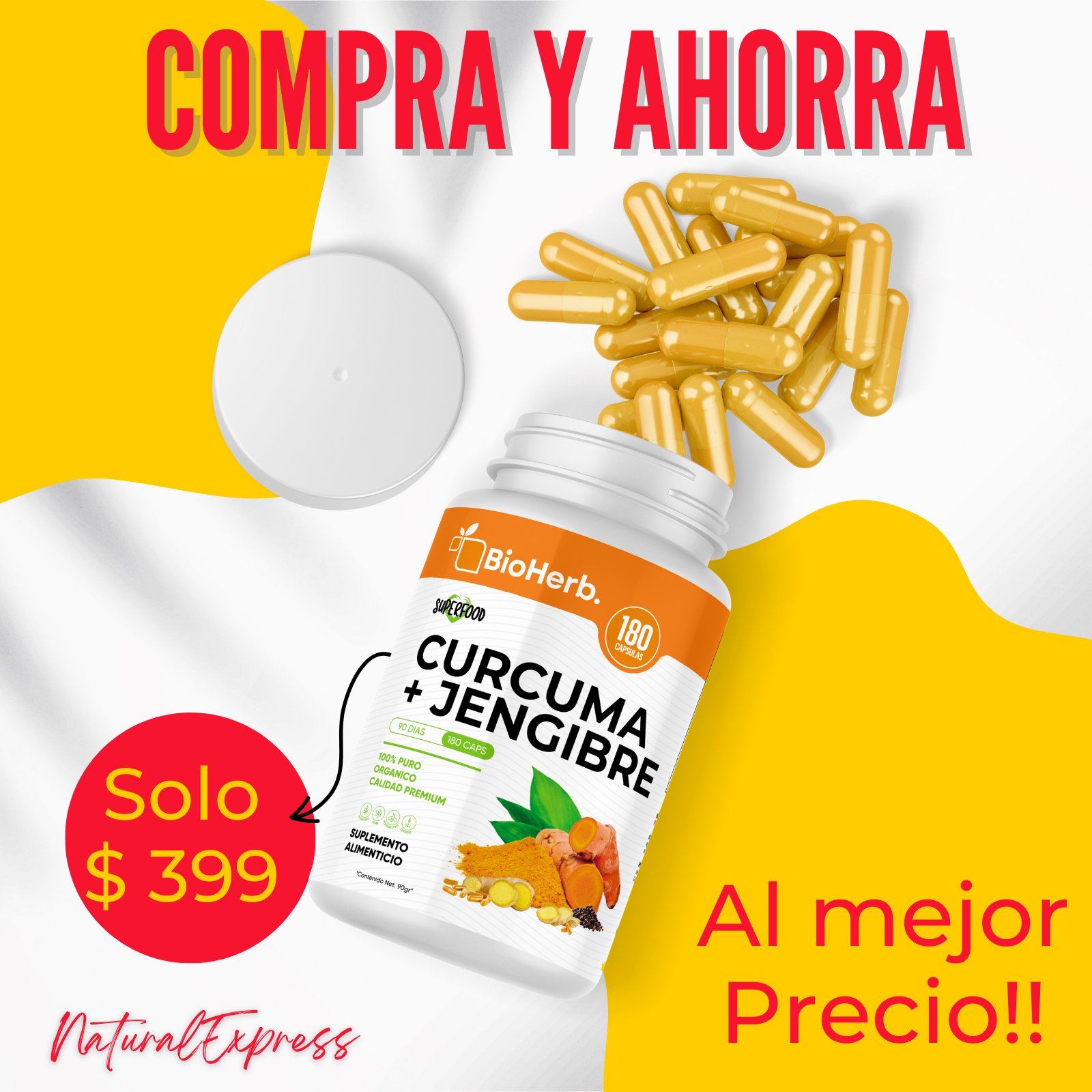 Cúrcuma + Jengibre 180 Cápsulas (Para 90 Días) - Adicionado con Curcuma [Potente Formulacion] + Jengibre + Pimienta Negra
