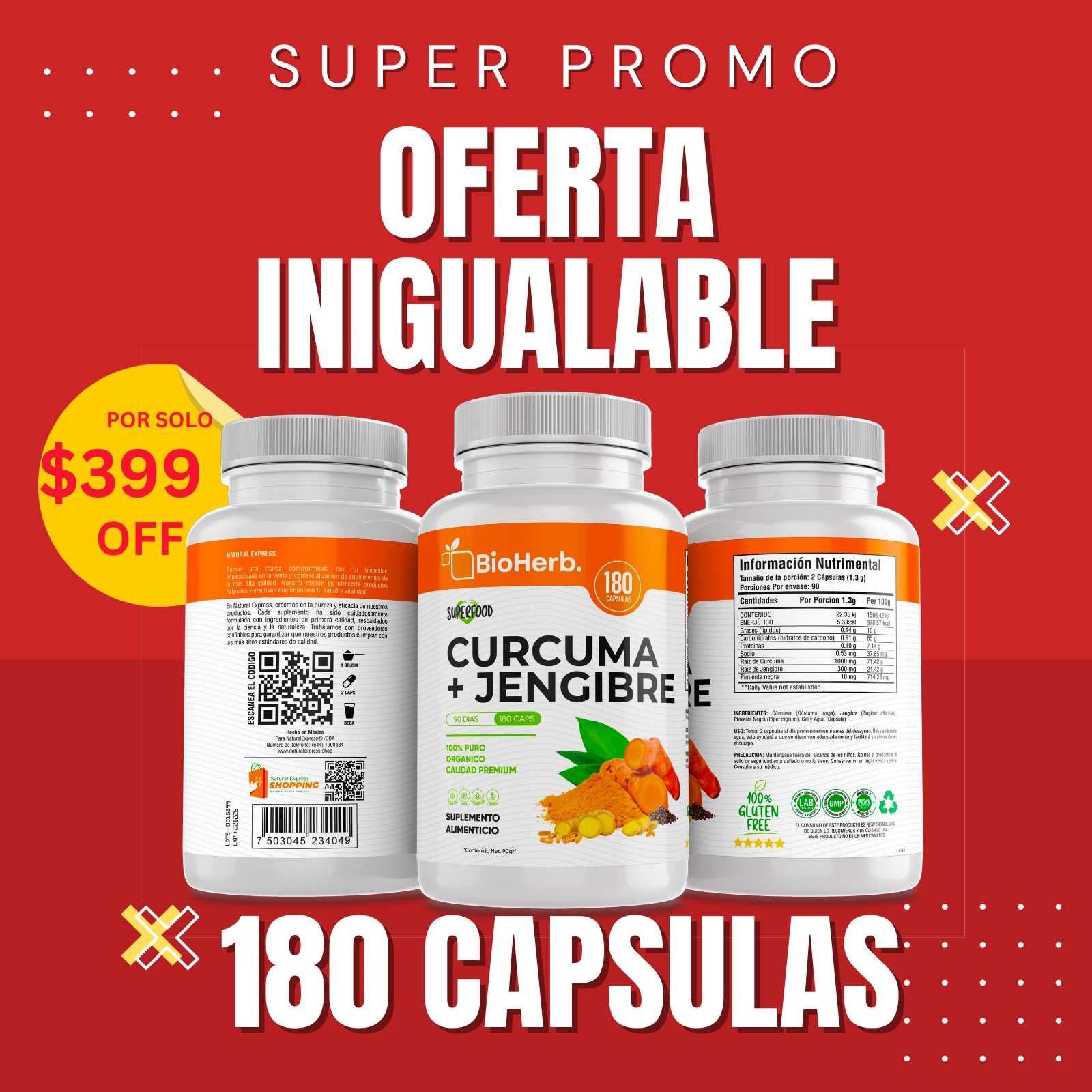 Cúrcuma + Jengibre 180 Cápsulas (Para 90 Días) - Adicionado con Curcuma [Potente Formulacion] + Jengibre + Pimienta Negra